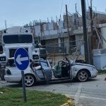 Cement mixer crushes car in collision