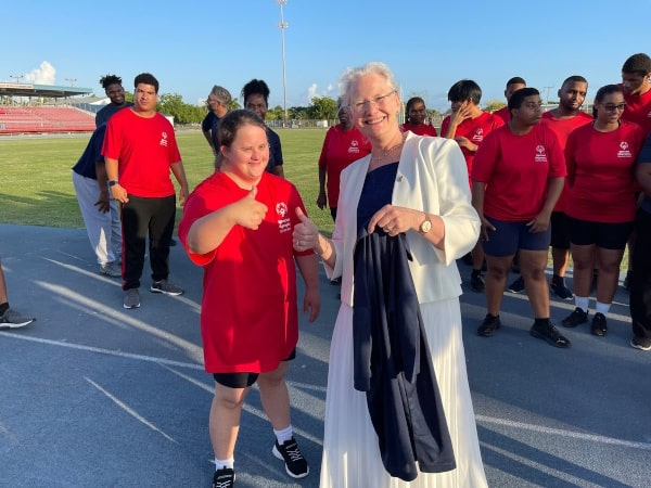 Governor Jane Owen with Special Olympian Kanza Bodden, Cayman News Service