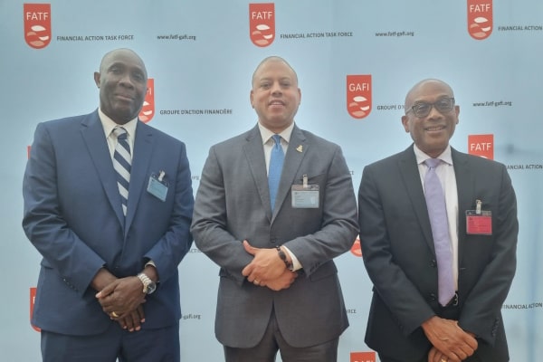Attorney General Samuel Bulgin KC, Financial Services Minister André Ebanks and Head of AMLU Unit Francis Arana at the FATF Plenary in Paris, 23 June 2023, Cayman News Service