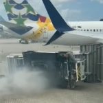 Plane hits and knocks over airport stairs truck at ORIA